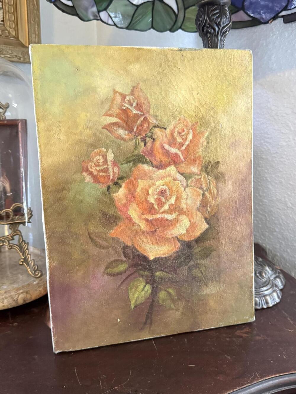 Vintage painting on canvas bouquet of orange and yellow roses